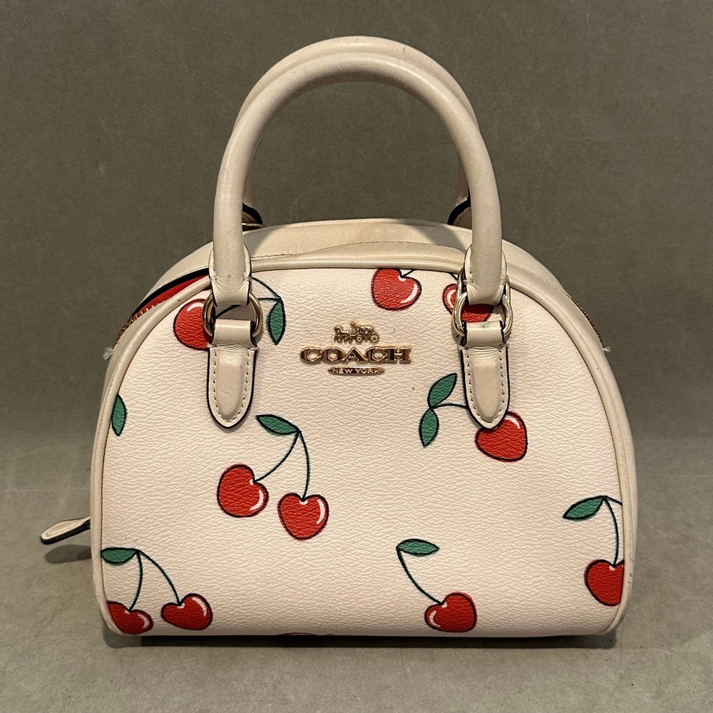 Coach Micro Serena Crossbody Bag Chalk White Red Cherry Print Pebbled Leather